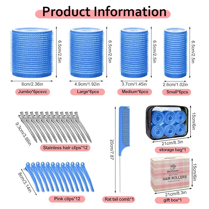 4 Sizes Self-Grip Hair Rollers Set with Clips - 4 Sizes for Long, Short Hair & Bangs (25mm, 36mm, 48mm, 60mm), (Blue, 4 Sizes)