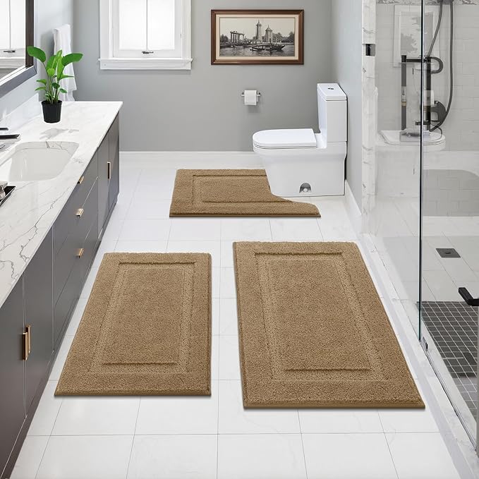 SHACOS Khaki Brown Bathroom Rugs Sets 3 Piece Bath Mat U Shaped Toilet Rug