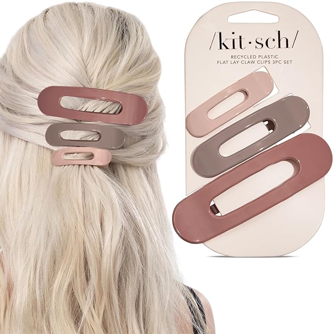 Kitsch Flat Claw Clips for Women - Strong Grip, Comfortable Design | Durable Plastic, Glossy Finish | Lay Down Claw Clip | For All Hair Types - Terracotta, 3pcs