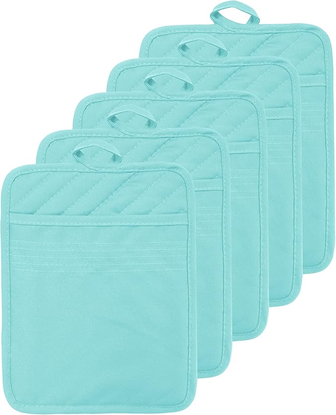 VEIKERY Oven Pot Holder with Pocket Cotton Heat Resistant Coaster Potholder Kitchen Hot Pad Oven Mitts for Cooking Square 7"x9"Set of 5 (Aqua)