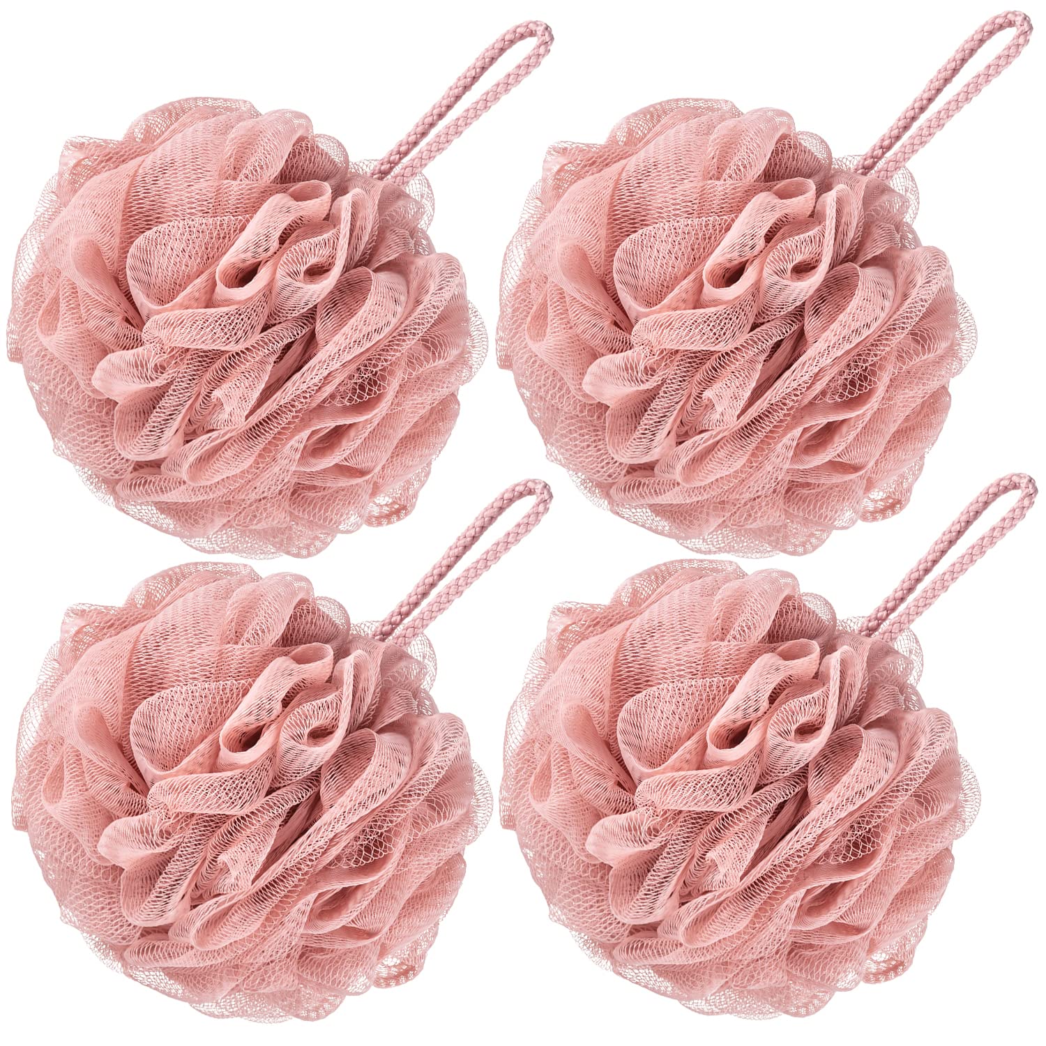 VANZAVANZU Bath Loofah Large 80g Shower Sponge Body Scrubber Mesh Pouf for Men and Women, Set of 4 (Pink)