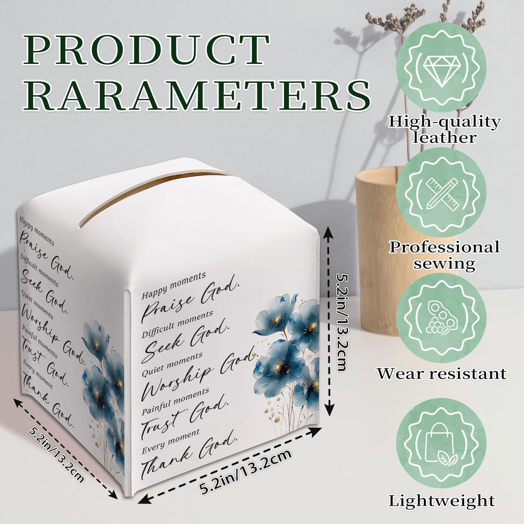 Blue Floral Tissue Box Cover, PU Leather Drawstring Bottom - Thank God, Inspirational Quotes, A Thoughtful Gift for Friends, Colleagues & Christian Loved Ones | Decorative Organizer