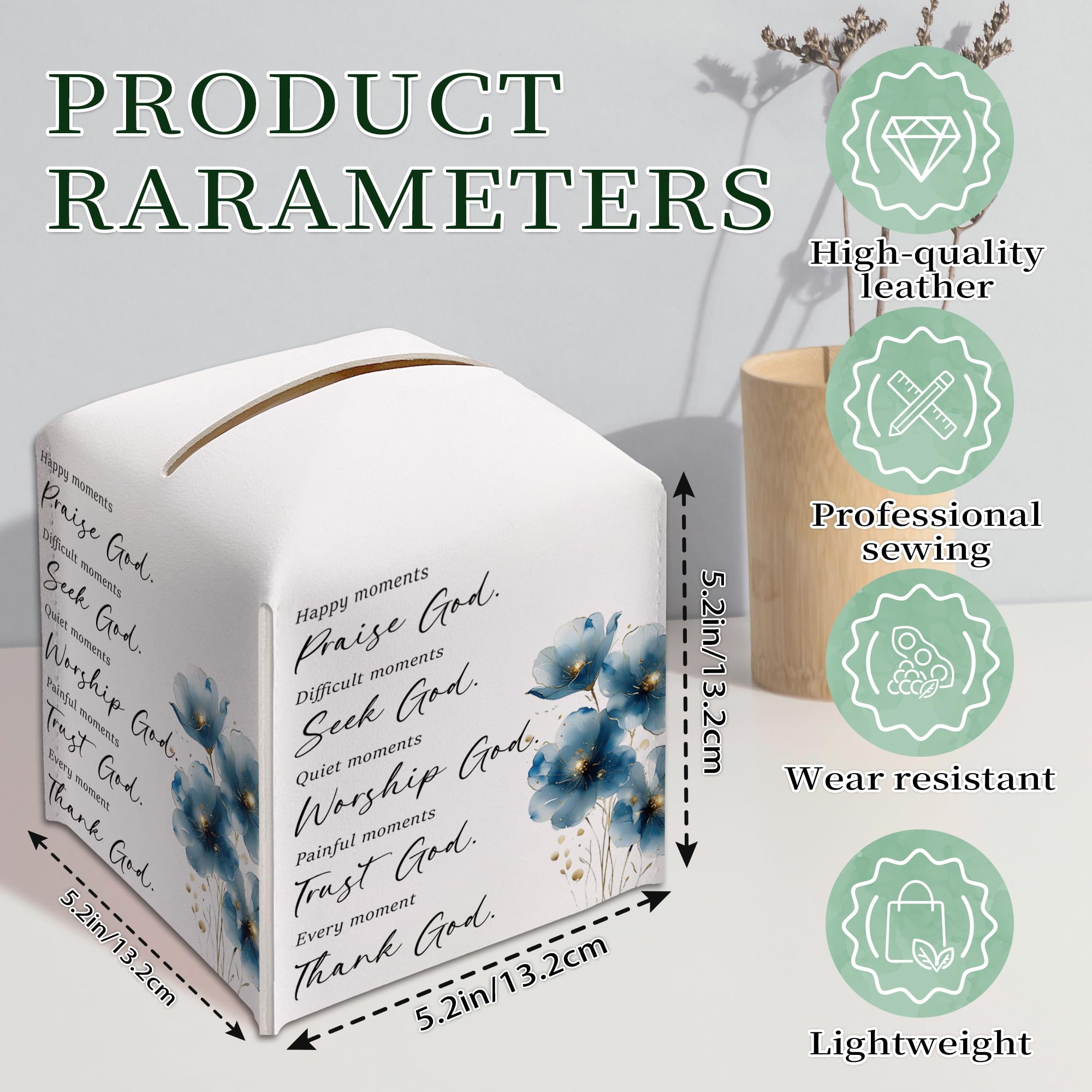 Blue Floral Tissue Box Cover, PU Leather Drawstring Bottom - Thank God, Inspirational Quotes, A Thoughtful Gift for Friends, Colleagues & Christian Loved Ones | Decorative Organizer