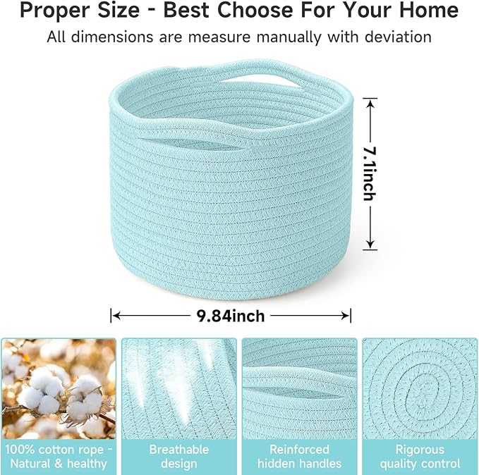 Small Rope Baskets for Storage, Baskets for Gifts Empty, Cute Round Woven Basket, Decorative Shelf Baskets 9.82×9.82×7.1", Cotton Toy Basket Storage Bins for Organizer 3 Packs