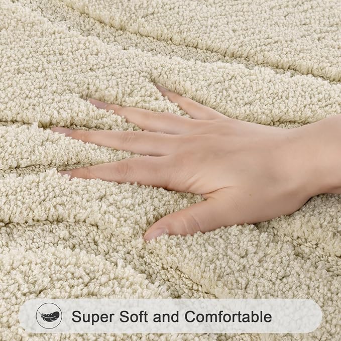 HEBE Bathroom Rugs Sets 5 Piece, Soft Absorbent Microfiber Bath Mat for Bathroom, Non Slip Washable Bath Rug Set with Toilet Cover, Bath Runner and U-Shaped Contour Toilet Rug, Light Beige