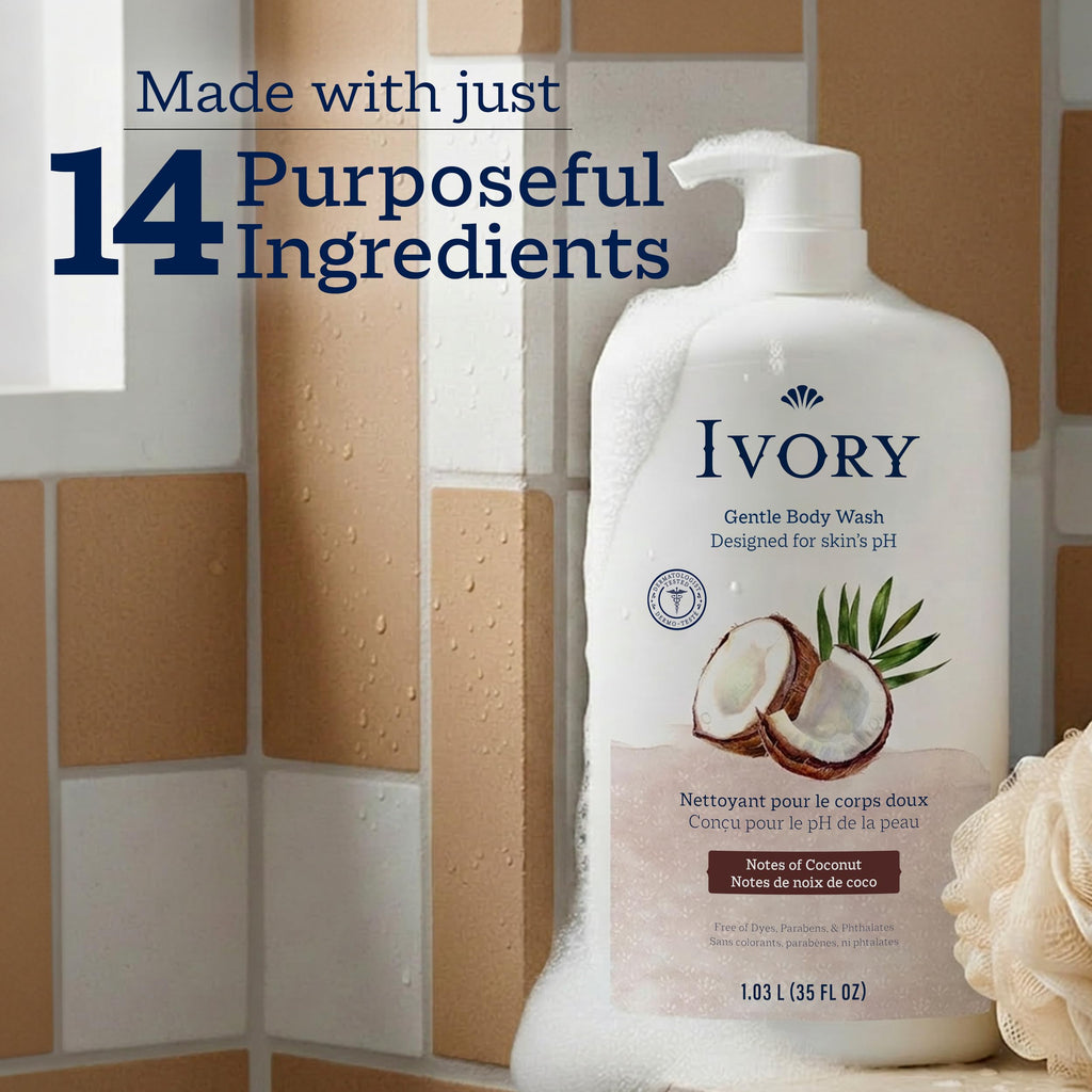 Ivory Body Wash, Designed for the Whole Family, Gentle Formula, Free of Dyes Heavy Perfumes Parabens Phthalates & Silicones, Coconut Scent, 35 oz