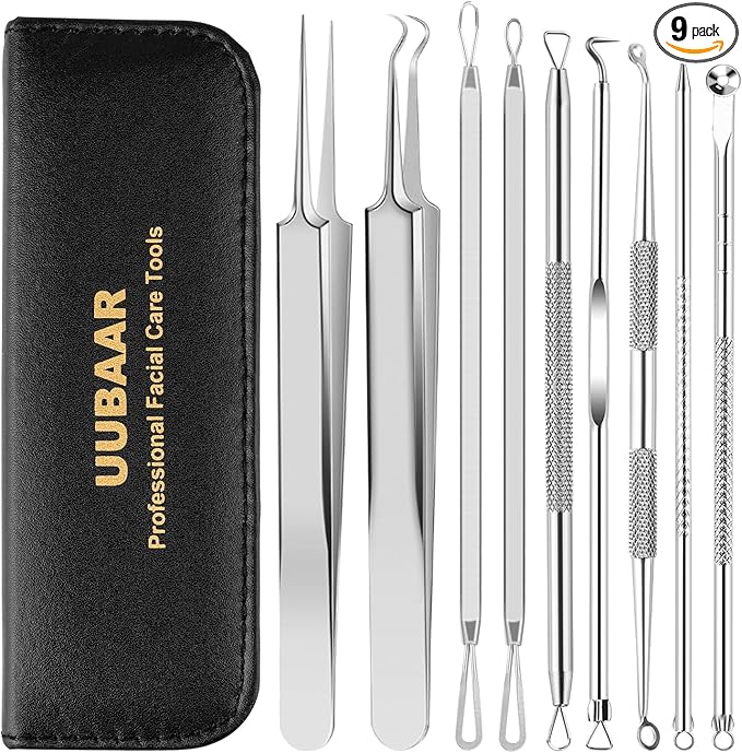 UUBAAR 9PCS Blackhead Remover Tools, Pimple Popper Tool Kit with 2 Tweezers, 304 Stainless Steel Comedone Extractor, 16 Precision Heads Face Nose Acne Zit Removal, Home Esthetician Use & Leather Case