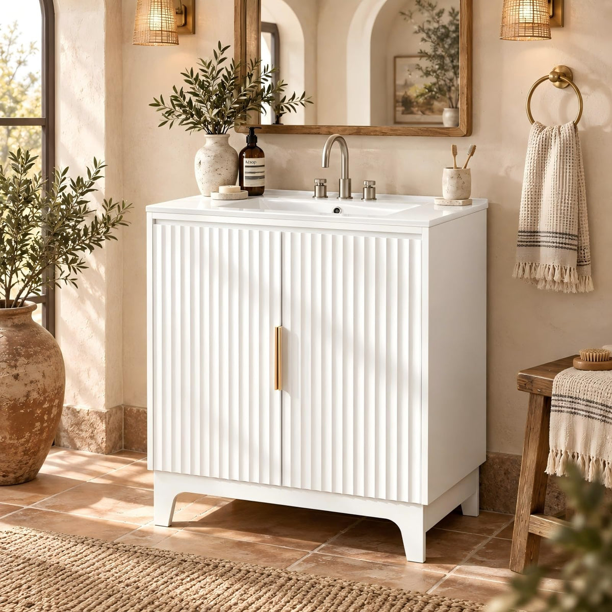 VINGLI 30 Inch Bathroom Vanity with Sink, Modern White Freestanding Cabinet with Ceramic Top, Fluted Soft-Close Doors & Gold Handles, U-Shape Storage for Small Bathroom