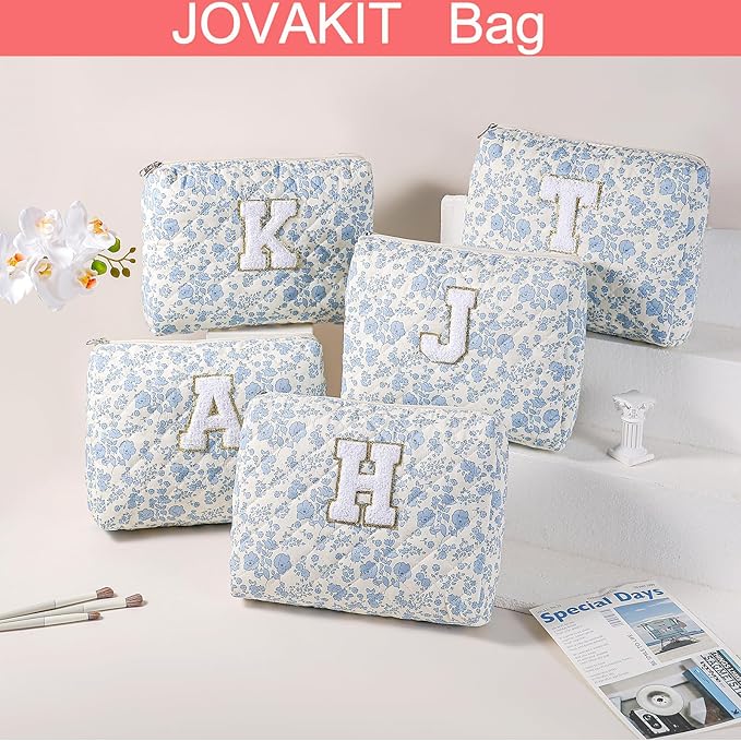JOVAKIT Alphabet Makeup Bag Cosmetic Bag for Women, Christmas Gifts for Girls Age 6-18, Floral Flowers Coquette Travel Toiletry Zipper Make Up Pouch Organizer Trendy Stuff (2Pcs Blue Floral B)