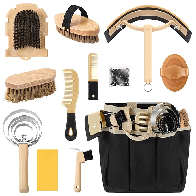 Abbylike 12 Pieces Horse Grooming Kit with Organizer Tote Bag Tack Room Supplies Horse Brush Sets Equine Care Cleaning Kit Shedding Grooming Massaging Tools (Khaki and Black)