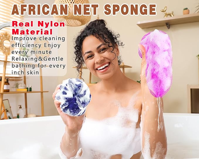 2 Pack African Net Sponge Exfoliating Body Scrubber Bath Sponge for Daily Use (Navy Blue+Indigo)