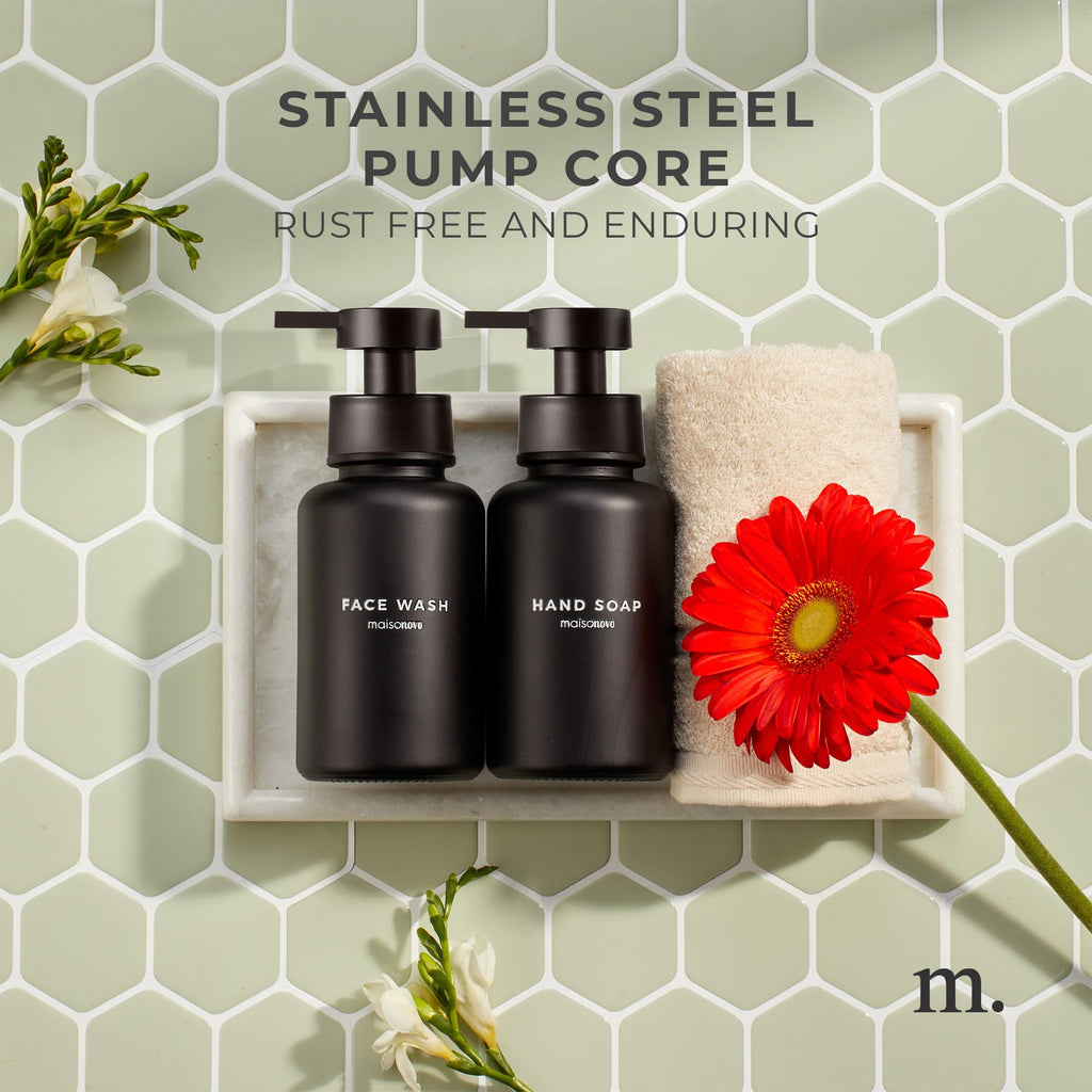 MaisoNovo Glass Foaming Soap Dispenser 14 Oz | Glass Bottles Pumps x 2 Black