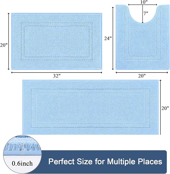 SHACOS Light Blue Bathroom Rugs Sets 3 Piece Bath Mat U Shaped Toilet Rug