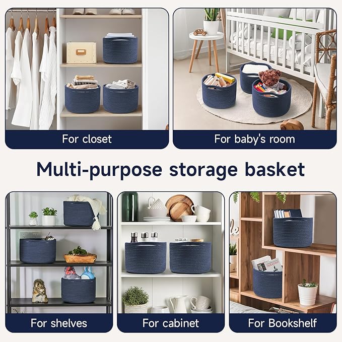 Small Rope Baskets for Storage, Baskets for Gifts Empty, Cute Round Woven Baskets, Decorative Shelf Basket 9.82×9.82×7.1", Cotton Toy Basket Storage Bins for Organizer 3 Packs Navy Blue