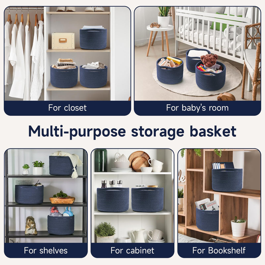 Maxuni 3 Pack Small Rope Storage Baskets, 9.82×9.82×7.1", Navy Blue