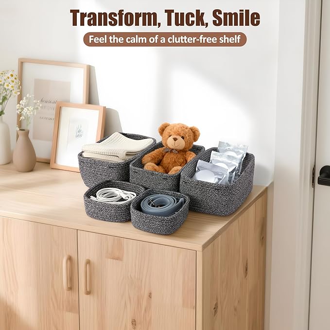 VIRETH HAUS 5-Pack Small Woven Rope Storage Baskets – 2 Sizes Organizer Bins for Closet, Shelf, Bookshelf, Nursery, Changing Table, Fabric Cube Boxes, Rectangular Shallow Bins for Bathroom, Toy & Home