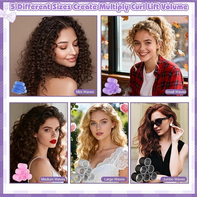 5 Size Hair Rollers for Women, 64 Pcs Self Grip Hair Rollers Hair Curlers to Sleep In with Clips for Long Medium Short Hair