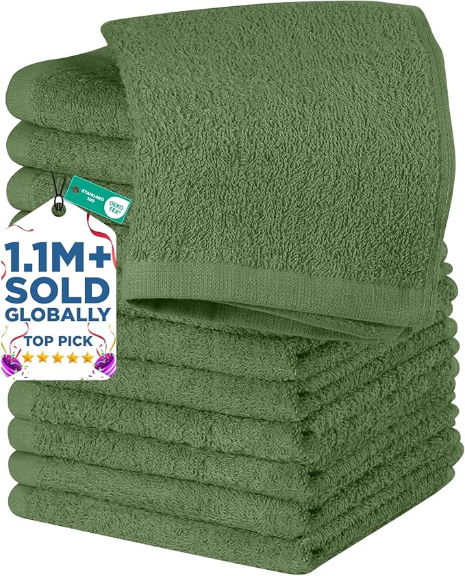 DAN RIVER 12 Pack Wash Cloths for Showering [12x12] - 100% Cotton Washcloths Premium Quality Flannel Face Cloths for Bathroom, Highly Absorbent and Soft Feel Wash Clothes, Sage Green