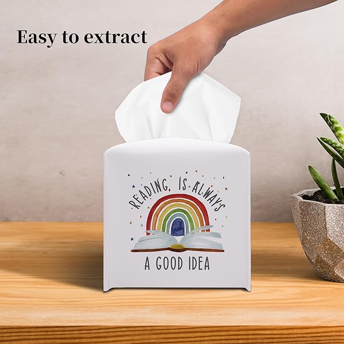 Grace Yonks Cute Tissue Box Cover Square - Rainbow & Book “Reading is Always a Good Idea” Design 5.2" PU Leather Holder for Vanity, Desk, Bathroom Counter - Cube Case for Facial Tissues(016)