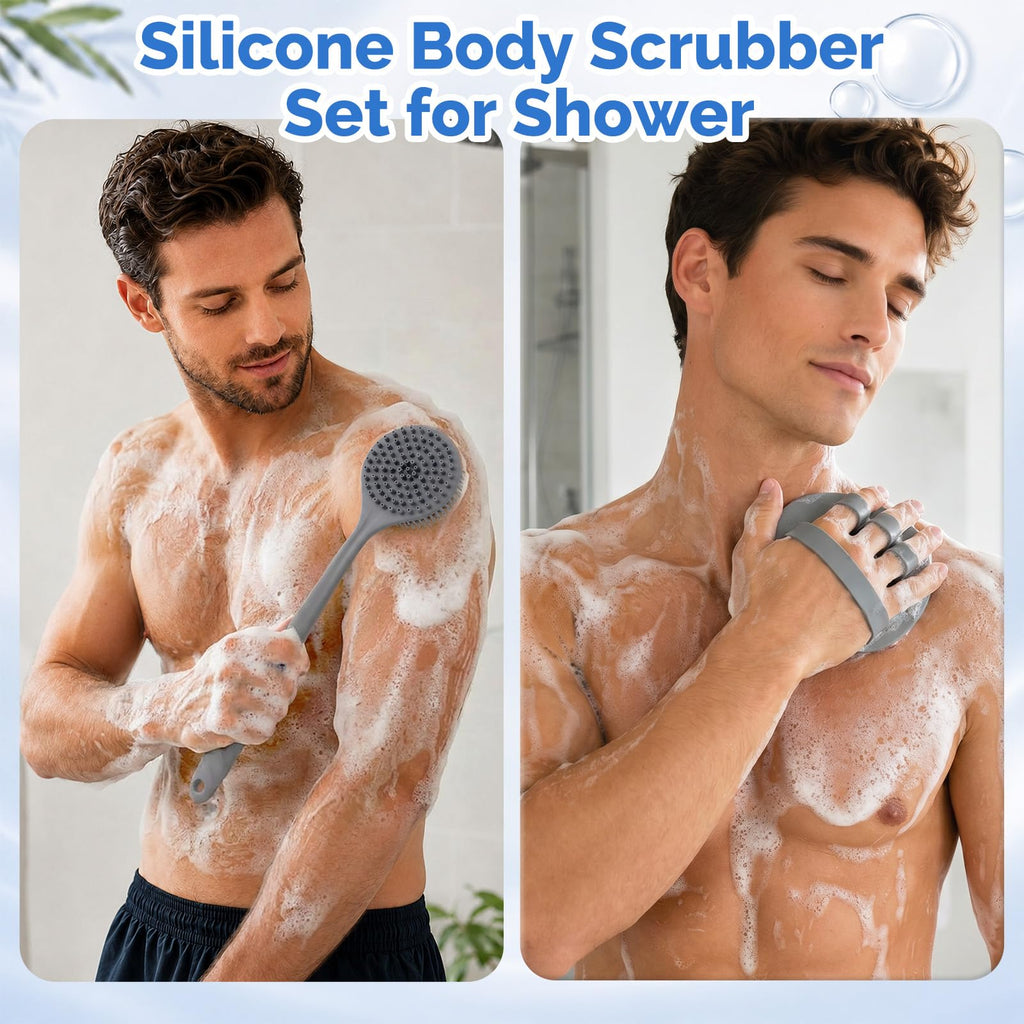 Manmihealth Silicone Body Scrubber Shower Brush Set Thin Bristles Gray