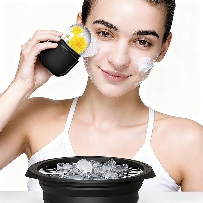 2-Piece Face Ice Bath Bowl Set– Foldable Face Basin with Built-In Ice Tray and 1 Ice Roller for Skincare Massage – Foldable & Portable Bowl for Home Ice Water Facials