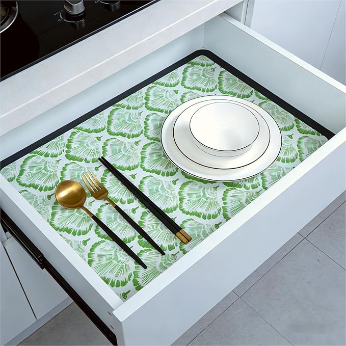 Shelf and Drawer Liner, 17in x 30FT Double Layer PVC Non-Adhesive Non-Slip Waterproof, Green Leaf for Kitchen Cabinets, Pantry, Bathroom, Dresser with Knife and Tape Measure