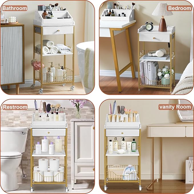 NauwaBarn Makeup Organizer Cart with Drawer, 2-in-1 Rolling Organizer Cart with Hair Tool Holder, Vanity Storage for Skincare, Perfume, Nail Polish, Cosmetics, Gold Finish
