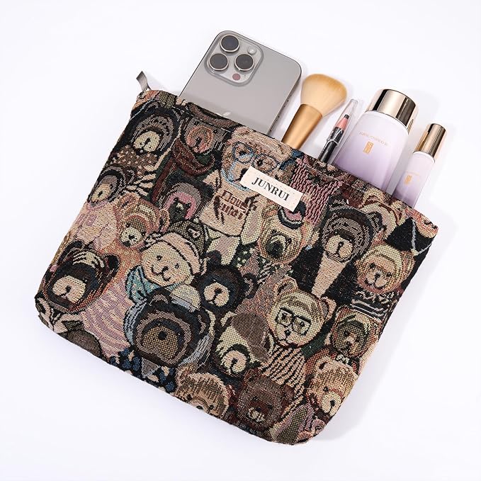 BOCGRPU 2PCS Makeup Bag Small Cute Cosmetic Bags for Women，Bear Pattern Travel Toiletry Bag for Purse, Large Canvas Cosmetic Pouch Makeup Organizer Tool Pouch with Zipper（Bear Brown）
