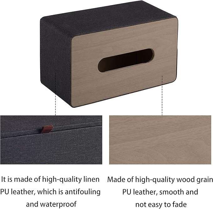 High-end Pu Leather Tissue Box Holder Two Color Combination-Linen and Wood Grain,Rounded Rectangle Napkin Paper Case Dispenser for Home Bathroom Dresser Offices Car Tissue Cover (Black)