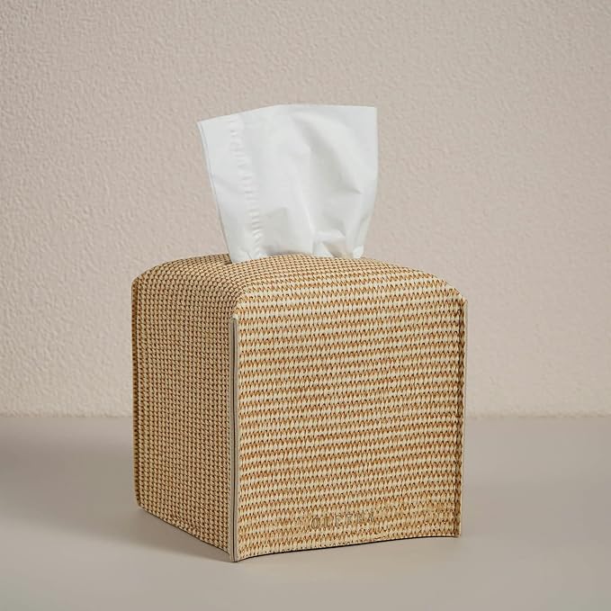 OLETHA Square Tissue Box Cover - Aesthetic Desk Decor for Room, Home & Office - Tissues Cube Boxes Holder - Rattan Textured