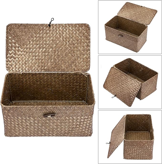Sumnacon Wicker Basket with Lid Rectangle Woven Baskets for Toiletries Tampon Storage,Wicker Storage Basket with Lid,Decorative Seagrass Storage Baskets for Shelf Bathroom Toilet Table, Coffee