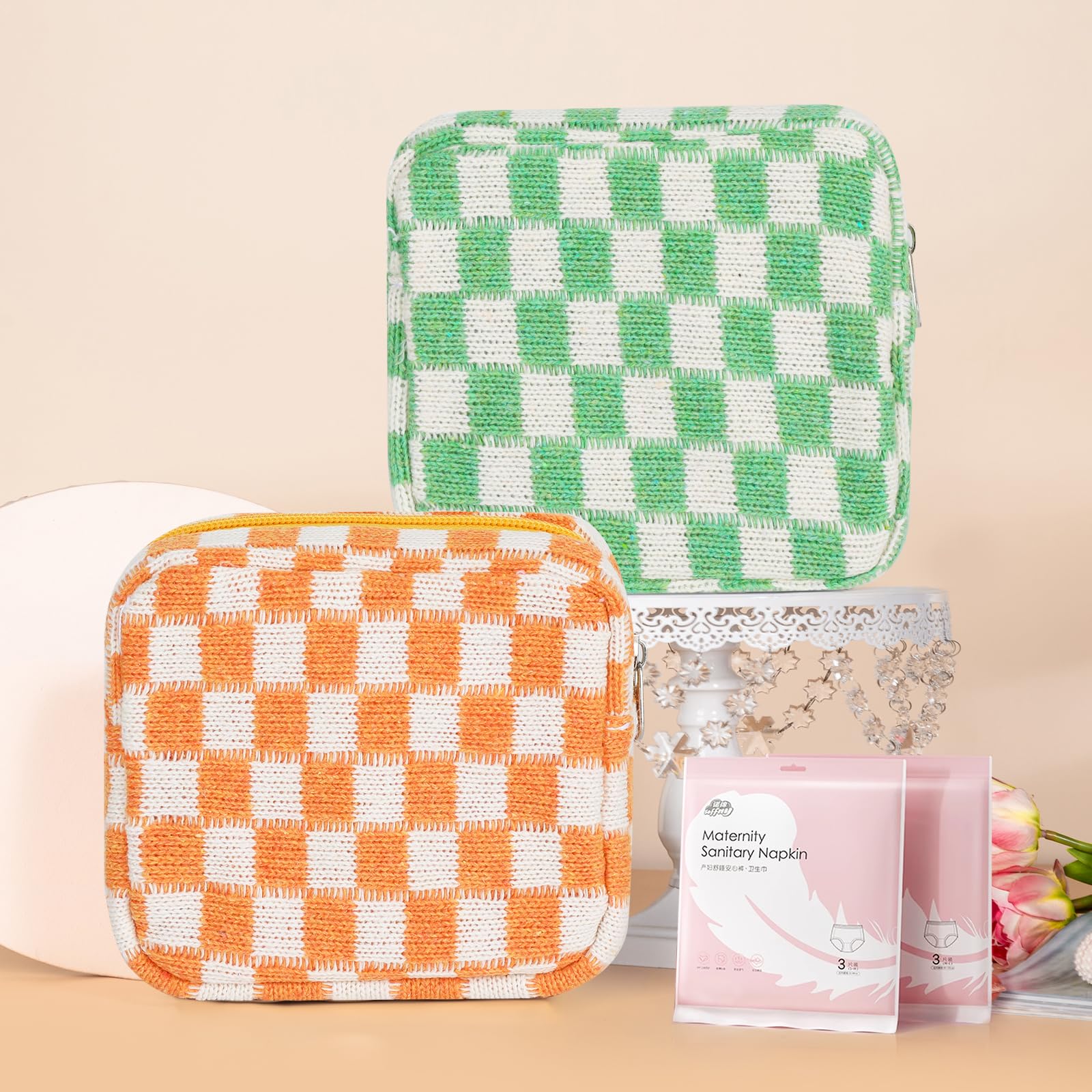 CekPo Sanitary Napkin Storage Bag, Menstrual Pad Zipper Checkered Portable Period Bag Panty Liners, Tampon Pouch for Women Ladies Daily Use Storage Purse Travel