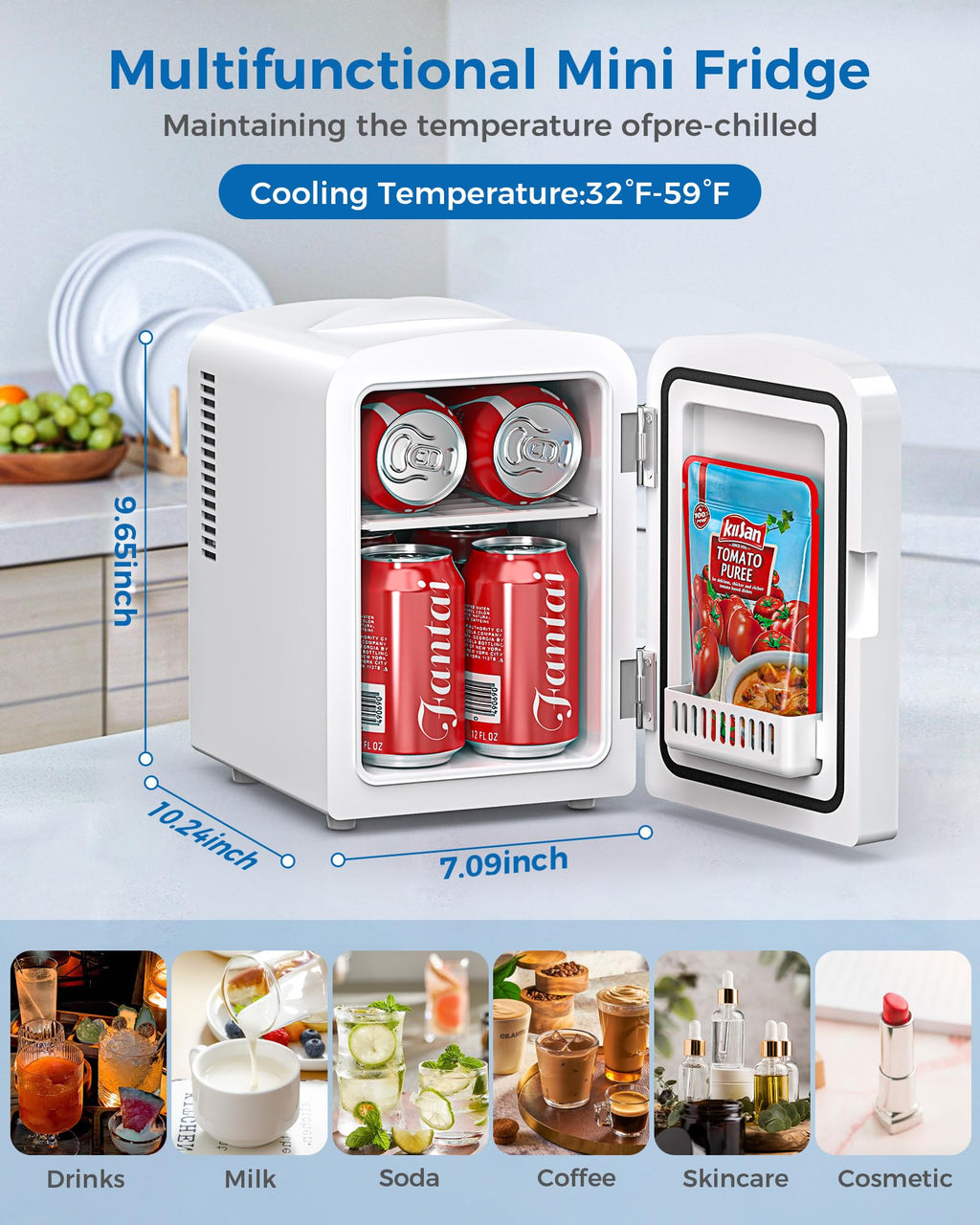 Electactic 4L/6 Cans Mini Fridge for Bedroom, Dorm, Makeup, White