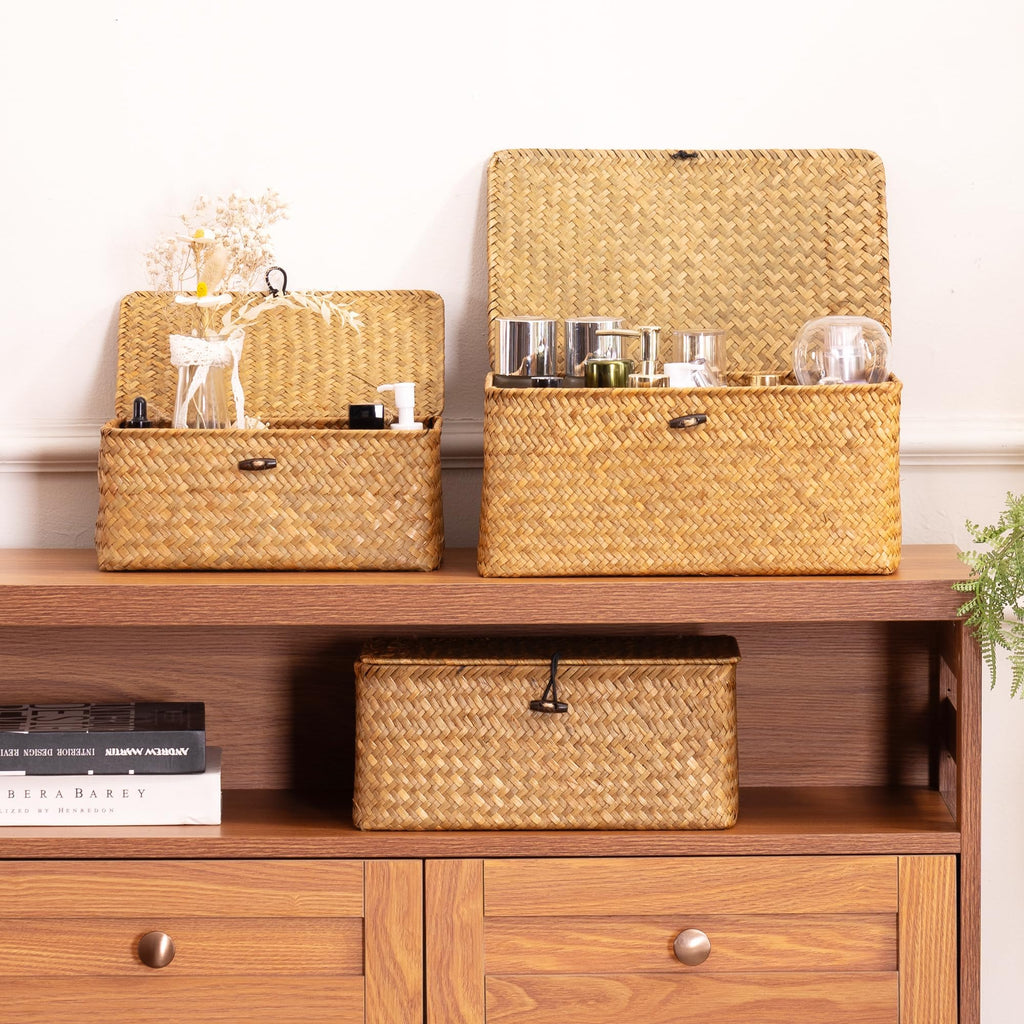 Nonam Storage Basket with Lid, Natural Seagrass Bin with Lid Set of 3, Shelf Baskets Multipurpose Container for Boho Decoration, Rectangular Household Storage Boxes for Home Organization-Natural