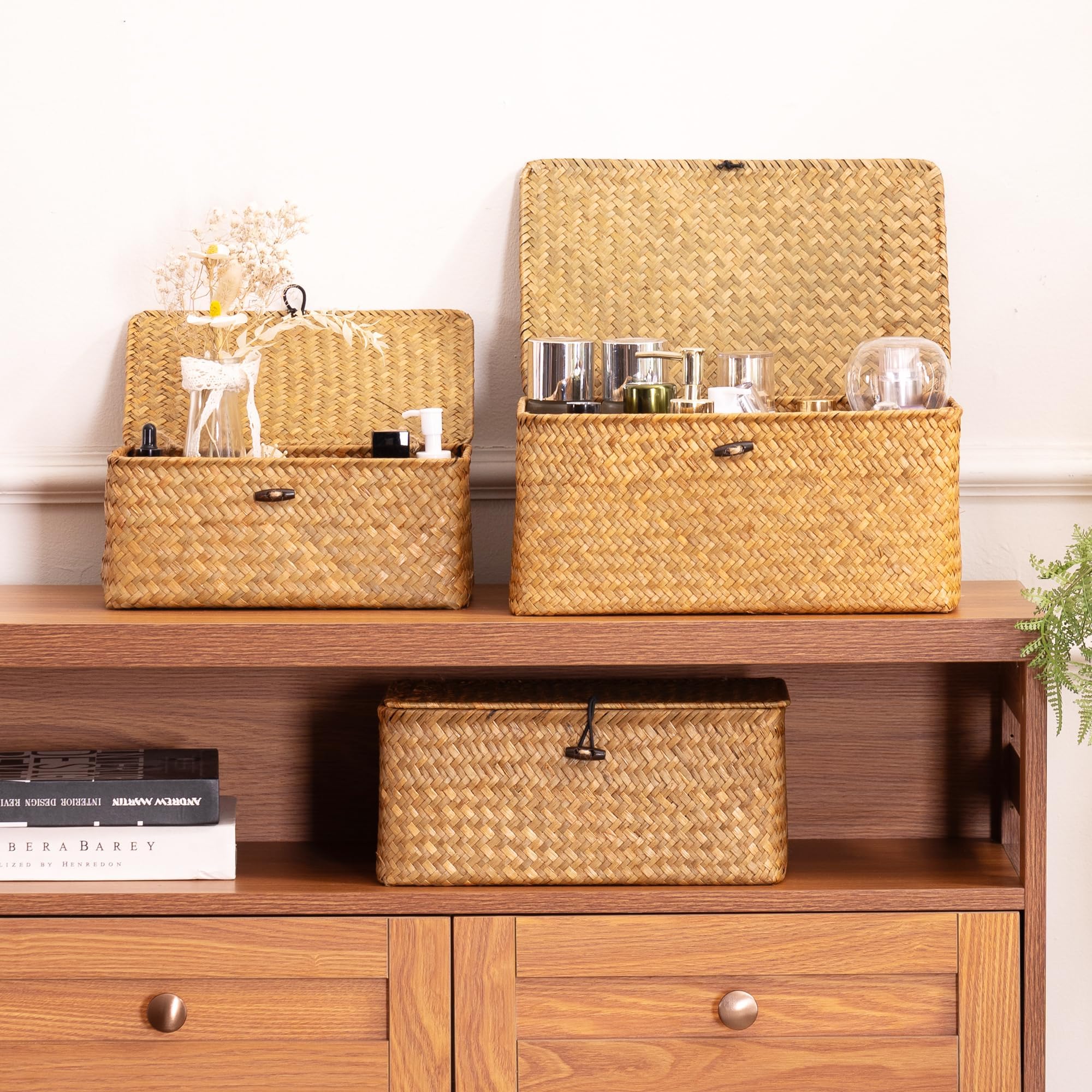 Nonam Storage Basket with Lid, Natural Seagrass Bin with Lid Set of 3, Shelf Baskets Multipurpose Container for Boho Decoration, Rectangular Household Storage Boxes for Home Organization-Natural