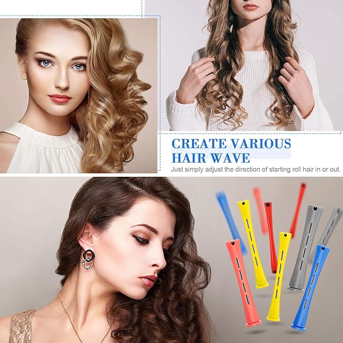 WILLBOND 60 Pieces Hair Perm Rods Set Plastic Cold Wave Perming Rods for Natural Hair Long Short Curling Rollers with Rat Tail Comb for Hairdressing(Bright Color,Assorted Size)