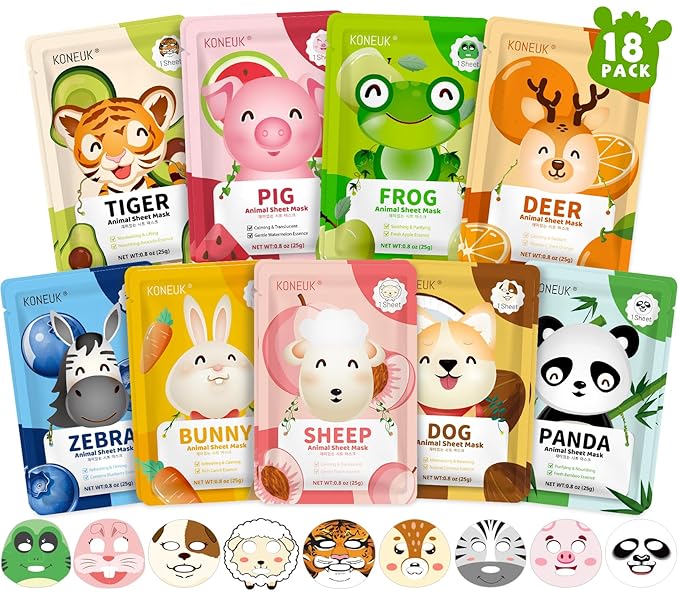 18 Pack Animal Face Mask for Kids, Bulk Sheet Face Masks Skincare for Girls, Collagen Hydrating Face Mask Spa Party Gifts for Teens, Easter Basket Stuffers, Birthday Gifts for Women
