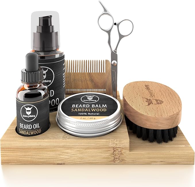 Striking Viking Bamboo Beard Kit for Men - 7.3 in x 4.5 in x 1 in - Portable Grooming Caddy Organizer for Beard Balm & Oil Products - With Scissors & Comb Brush Holder