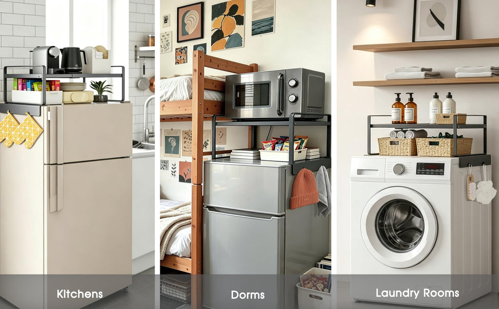 YOFENZO Adjustable Fridge Top Storage Rack,20.8"-36.6" Expandable Organizer Shelf,Refrigerator Storage, Anti-Slip,L-Shaped Design,Space Saver for Kitchen,Laundry,Dorm (Fits Most Appliances)