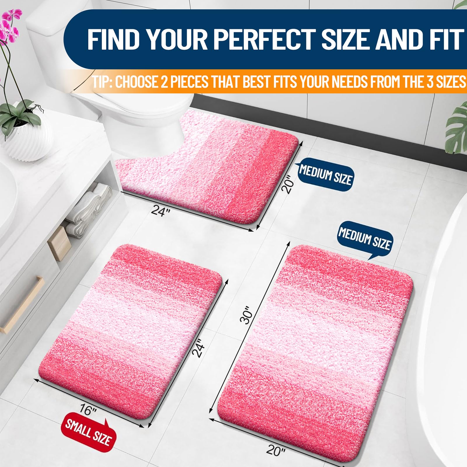 OLANLY Micorfiber Bathroom Rug Set 2 Piece, 24"x16"+U-Shaped 24"x20"