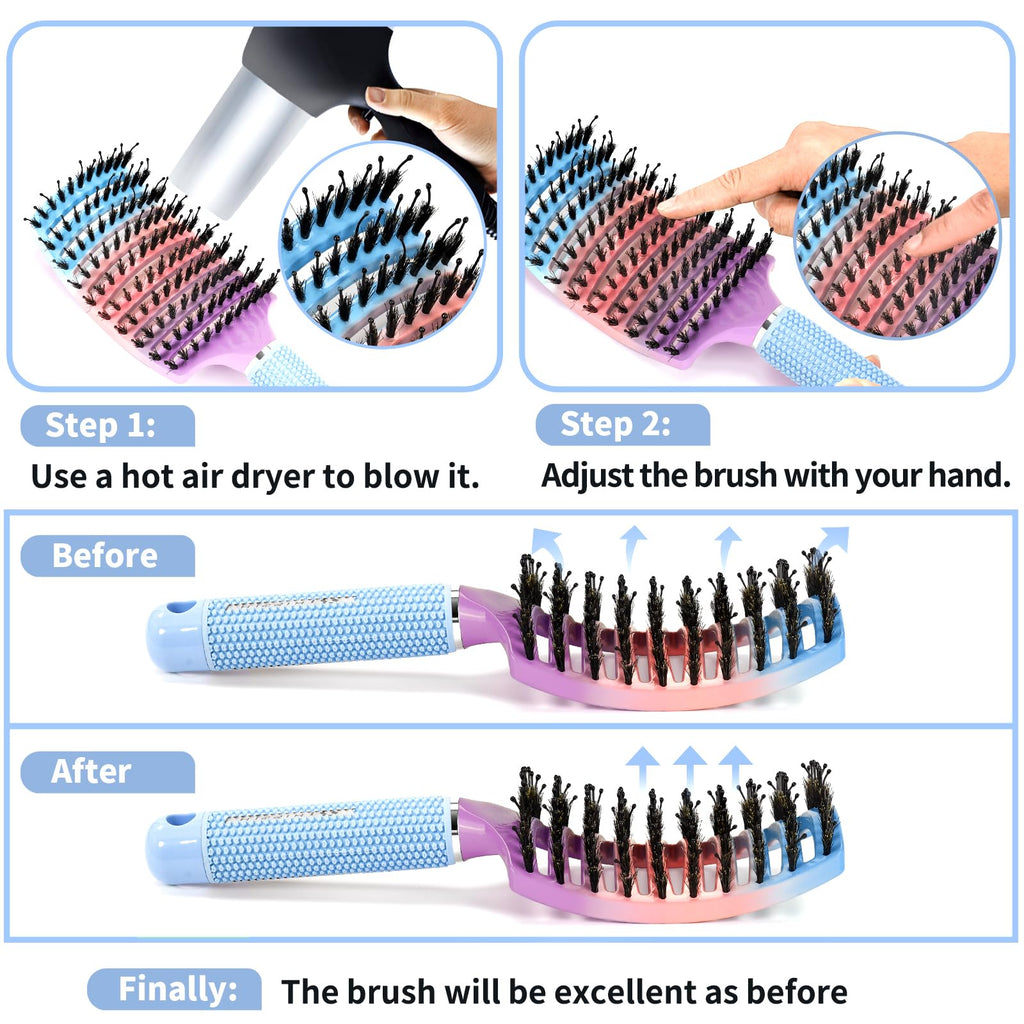 Boar Bristle Hair Brush Set of 2, HIPPIH Wet & Dry Hair Brushes Made by Fine Natural Boar Hair Can Adds Shine and Smoothing, Detangling Hairbrush for Women, Men & Kids' Long Curly Thick Hair