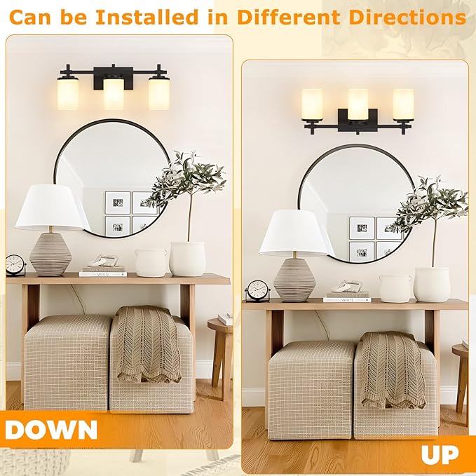 3-Lights Black Vanity Lights for Bathroom with White Square Frosted Glass Shades, Modern Eye-Friendly Bathroom Light Fixtures Over Mirror, Bath Wall Lighting for Bedroom Living Room Cabinet