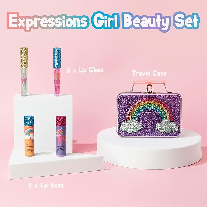 5pc Rainbow Rhinestones Cosmetics Lip Kit For Kids w/Lip Glosses