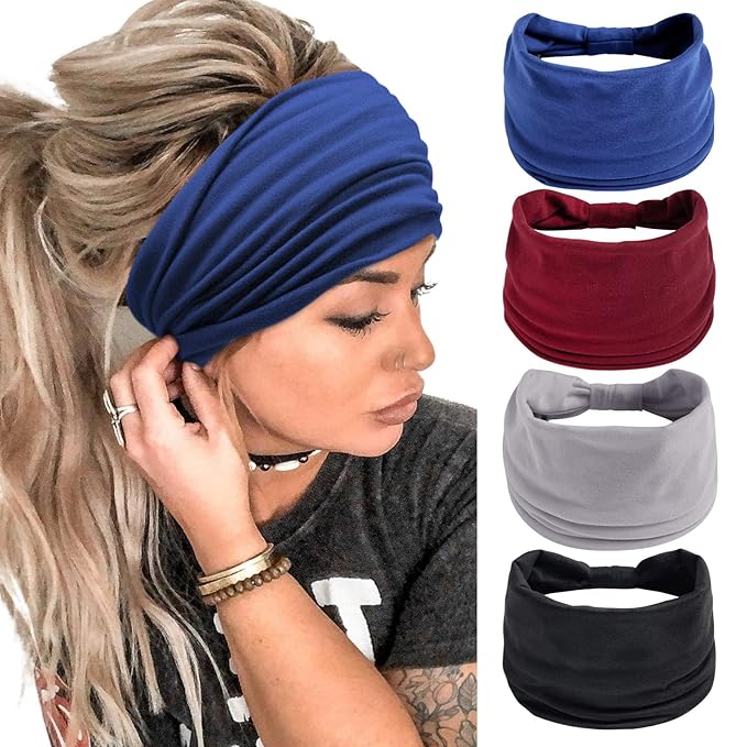 Huachi Wide Headbands for Women Black Stylish Head Wraps Boho Thick Hairbands Large African Sport Yoga Turban Headband Hair Accessories (Pack of 4)