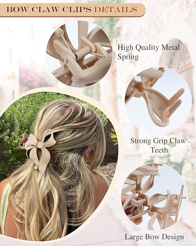 4 PCS Bow Hair Clips Bow Claw Clip for Women, Large Hair Claw Clips for Thin Thick Long Hair Cute Nonslip Bows (Black+Grey+Dark Brown+Light Brown)
