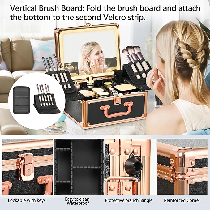 GALHUBIS Makeup Case with Lighted Mirror, Makeup Box Organizer with Detachable LED Mirror, Travel Makeup Train Case, Waterproof Cosmetic Organizer, Standing Makeup Brush Holder, Gift, Black Gold