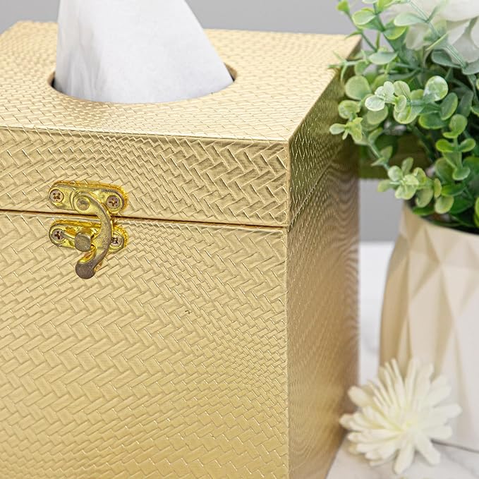 UPPER DECOR Gold Tissue Box Cover, Elegant Square Tissue Box Holder for Bathroom, Bedroom, and Office, Modern Decorative Tissue Box for Home Décor