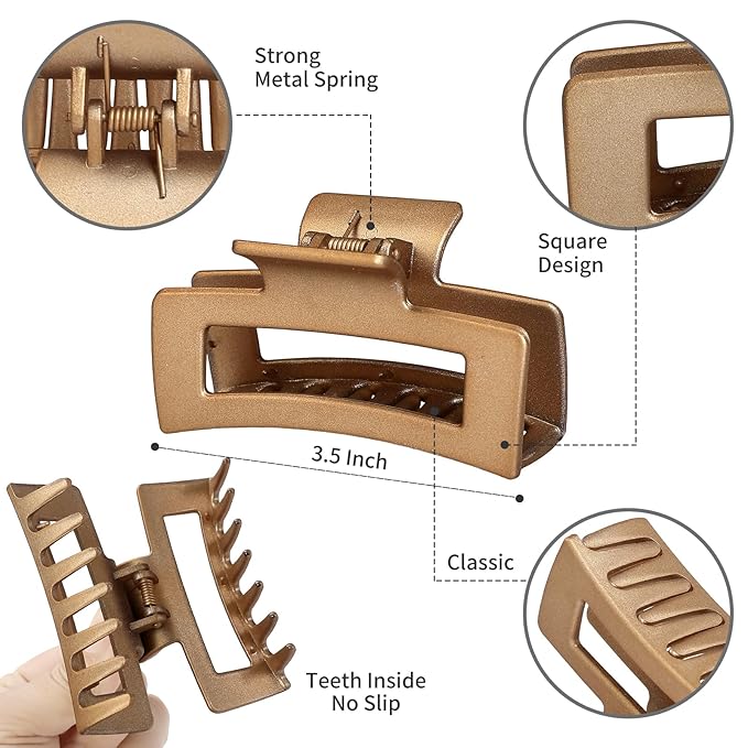 Sisiaipu 3.5 Inch Medium Hair Claw Clips 12 Pcs Square Claw for Thick and Thin Hair Rectangular Rectangle Hair Clips Jaw Clips Bulk Hair Accessories for women and Girls (Gold)