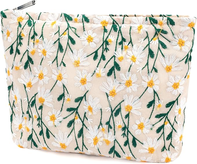 URSKYTOUS Flower Makeup Bag Travel Daisy Floral Cosmetic Bag for Women Cute Makeup Pouch Zipper Cosmetic Pouch for Purse Jacquard Aesthetic Floral Skincare Bag Portable Travel Toiletry Bag Organizer