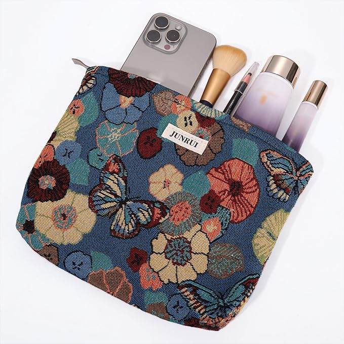 BOCGRPU 2 PCS Makeup Bag Set，Portable Small Cosmetic Bag for Purse ，Large Storage Capacity Toiletry Bag Organizer，Travel Pouch with Zipper for Women, (Flower Garden Blue)
